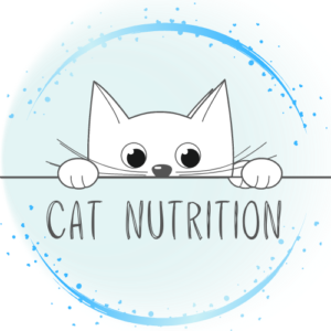 cartoon line drawing of cat head peering over line above the words cat nutrition