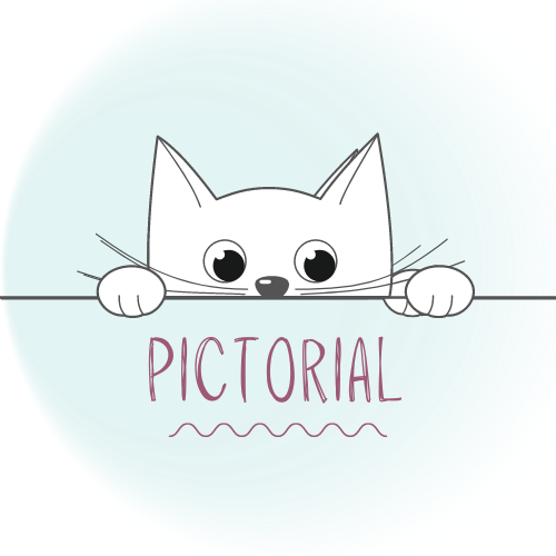 image of top half of cat head and paws above the word pictorial